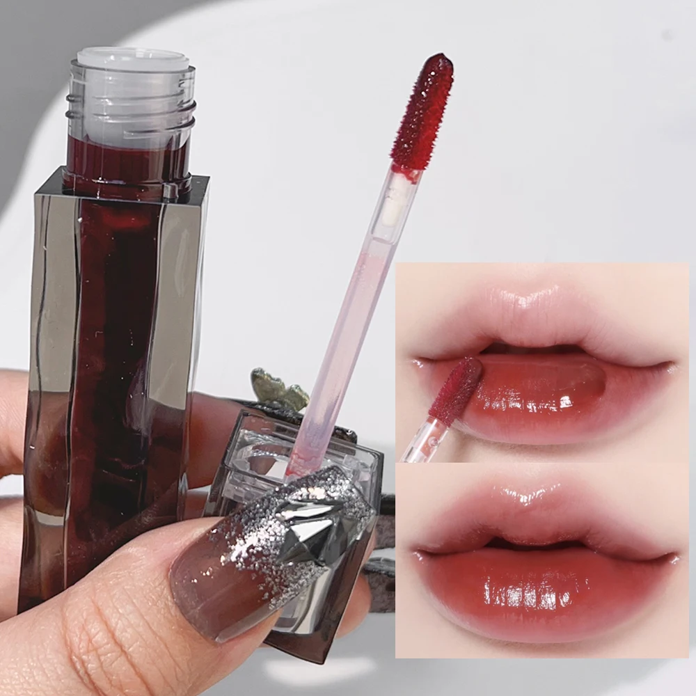 Dark Red Mirror Water Lip Glaze Moisturizing Sexy Brown Lip Tint Lipstick Korean Makeup Lasting Color Non-stick Cup Lip Gloss