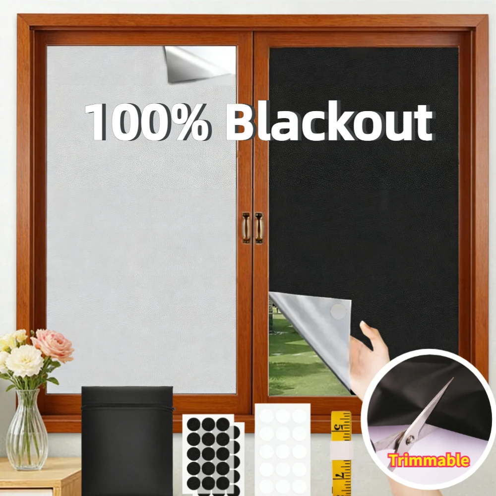 100 % Verdunkelungsvorhang, selbstklebend, tragbar, für Reisen, dunkelste Farbtöne, für Wohnzimmer, Schlafzimmer, Zuhause, Glasfensterfolie, Stoff