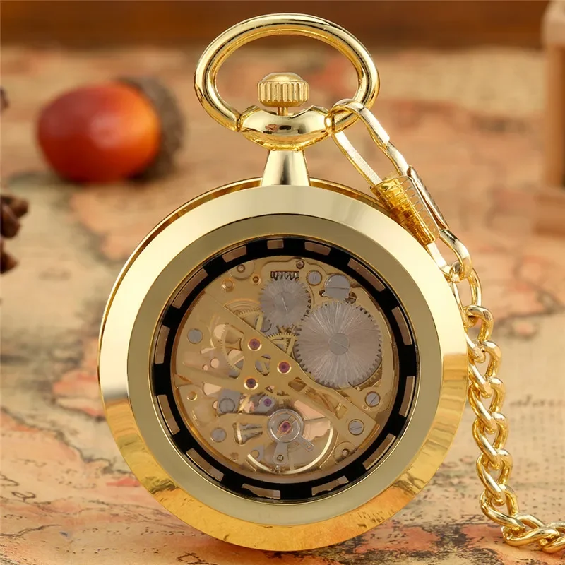 Antique Vintage Roman Numerals Dial Golden Handwinding Mechanical Pocket Watch Luminous Hands Pendant Chain Roman Number Gift