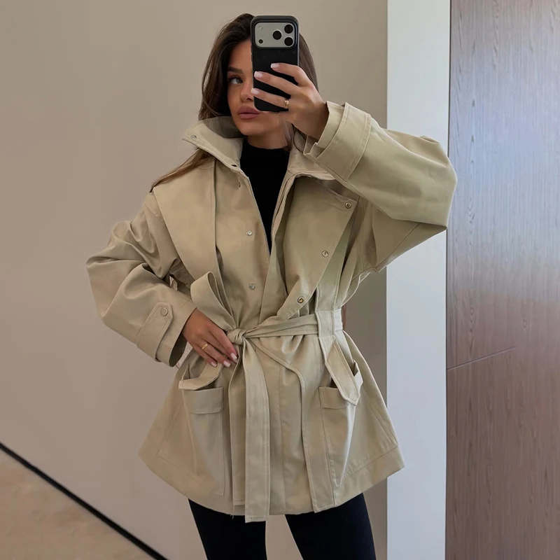 Elegant Women's Slim Trench Coat Stand Collar Zipper Button Irregular Waist Cinched Strap Puff Sleeve Jacket Autumn NEW Outfit