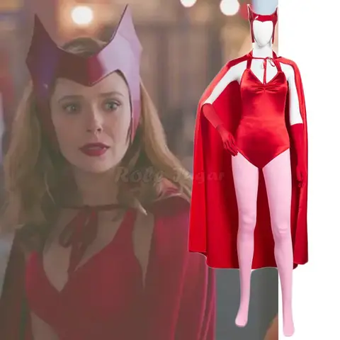 Movie Wanda Vision Scarlet Witch Maximoff Cosplay Costume Sexy Women Halloween Carnival Party Red Jumpsuit Cloak Suit