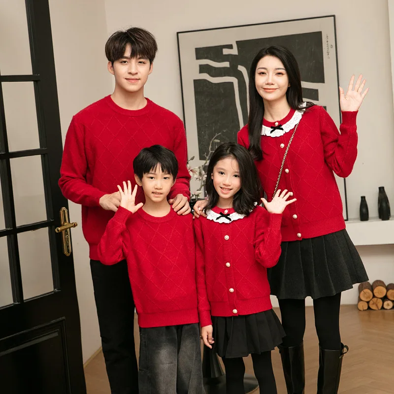 Red Family Matching Sweater Men's Round Neck Pullover Women's Cardigan Kids Knitwear Couple Outfit Parent Child Matching Clothes