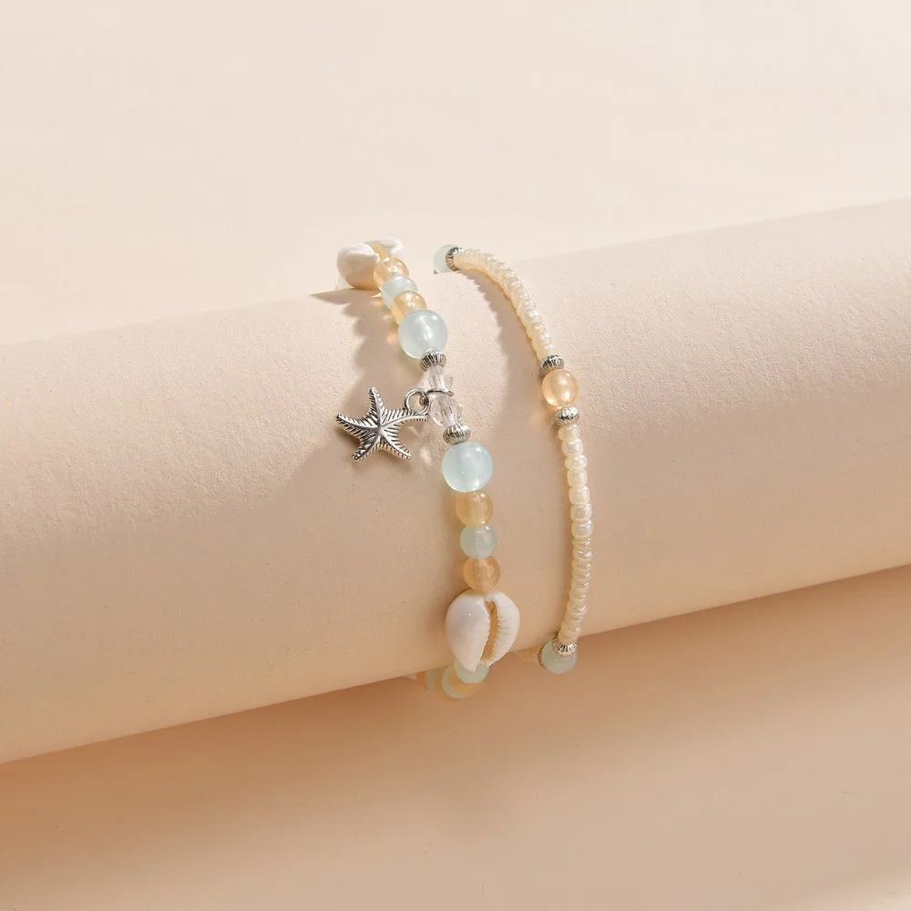 2pcs Set Fashion Exquisite White Mini Seed Jelly Bead Starfish Pendant Stretch Anklets for Women Vacation Stackable Jewelry Sets
