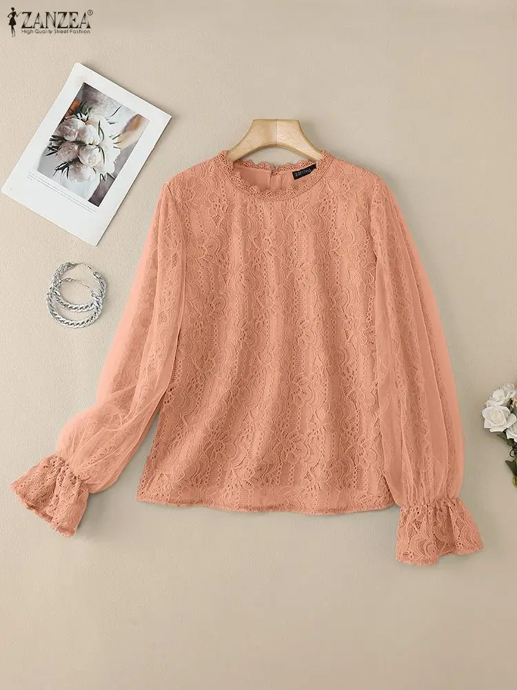 

ZANZEA 2022, женские модные кружевные блузки с длинным рукавом, элегантные офисные рубашки с рюшами, осенние повседневные однотонные топы, блузки с рукавами-фонариками