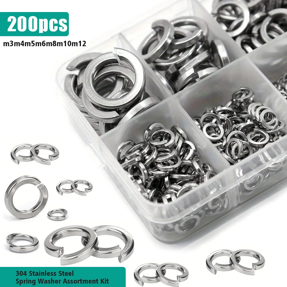 200-Piece Set of M3, M4, M5, M6, M8, M10, and M12 Stainless Steel Spring Washers to Enhance Bolt and Screw Tightening Force