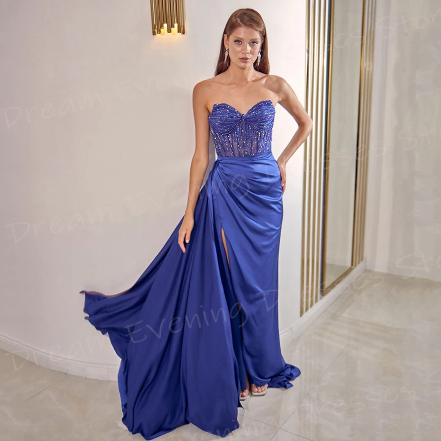 Vestidos de Noche modernos de sirena para mujer, vestidos de graduación con cuentas sin tirantes, plisados sin mangas, elegante y Sexy, nuevo