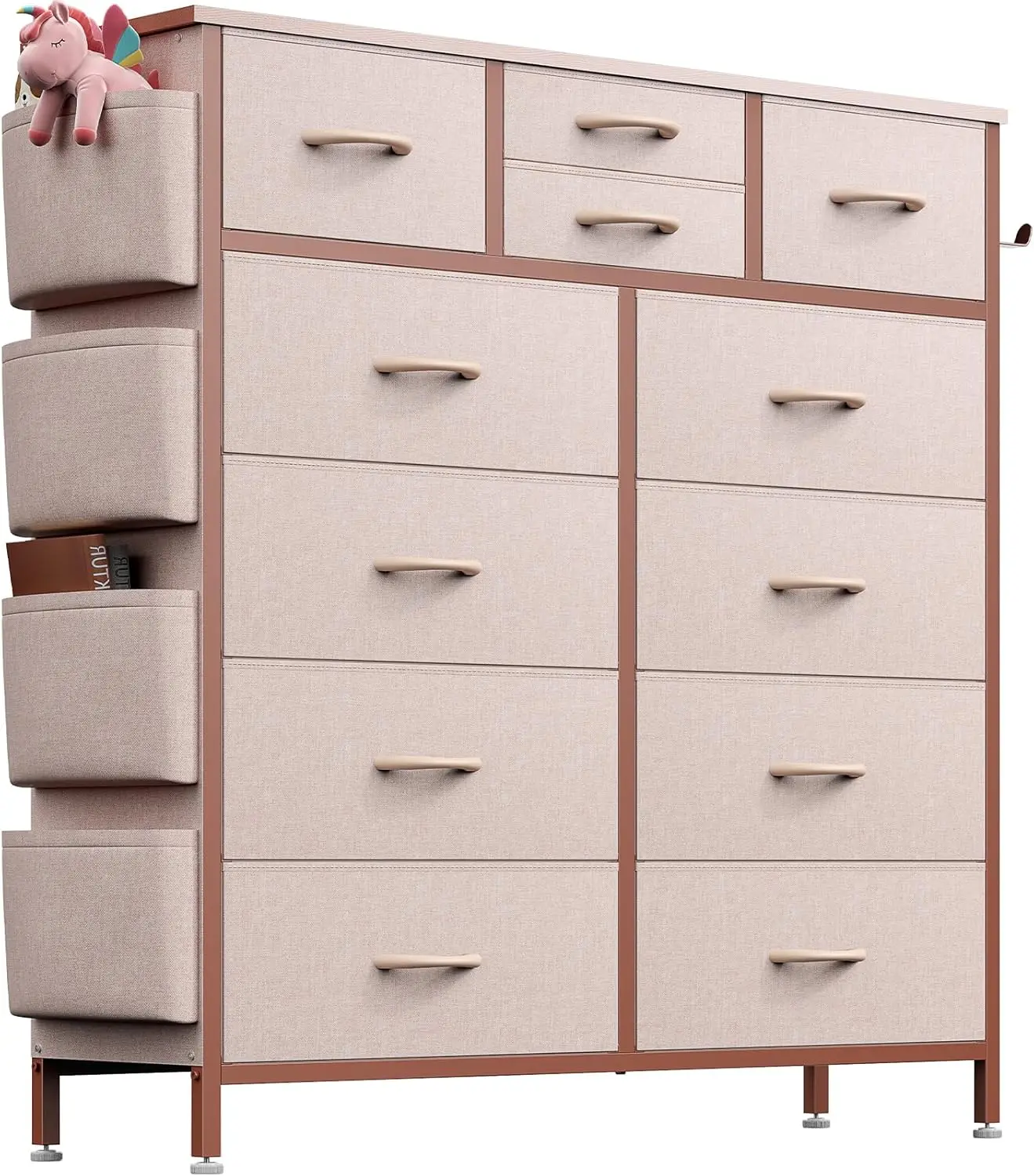 

Pink Dresser for Bedroom with 12 Drawers, Tall Dresser Chest of Drawers with Side Pockets and Hooks, Fabric Storage Tower