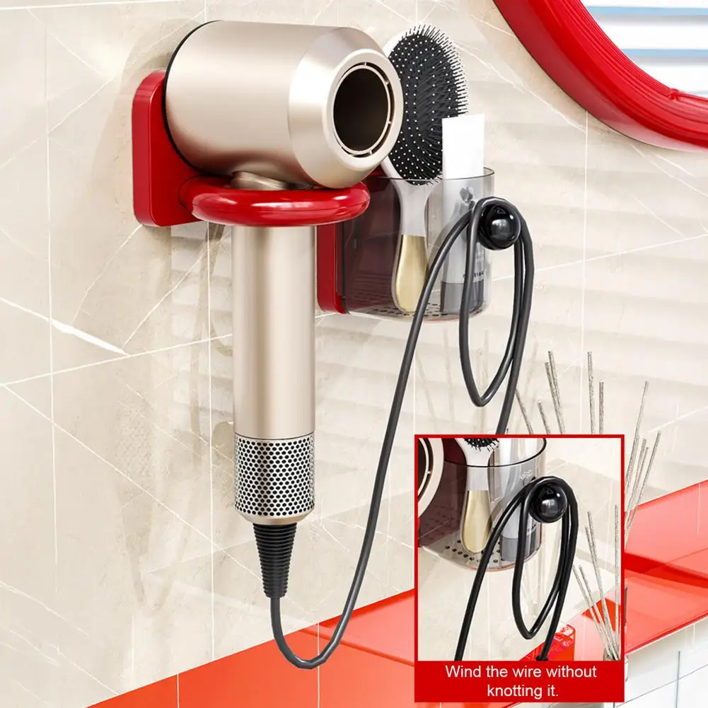 Hair Dryer Holder with Storage Box, Wall Mounted with Cord Winding Design, No Drilling Installation Cream Style Organizer for Ba
