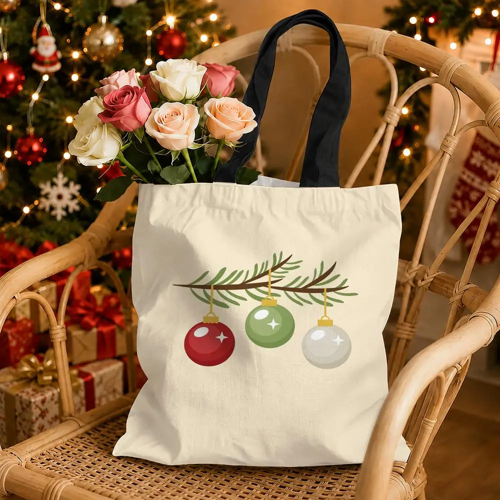 Christmas Hat and Balls Storage Bags Canvas Tote Bag Double-Sided Print Durable Shoulder Handbag for Festival Party Gift