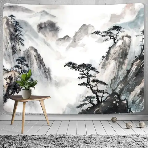 Japanese Tapestry Painting Japanese Tapestry, Asian Landscape Painting Oriental Ink Watercolor Mountain Tree Abstract Bedroom Decor, Black Print Tapestry