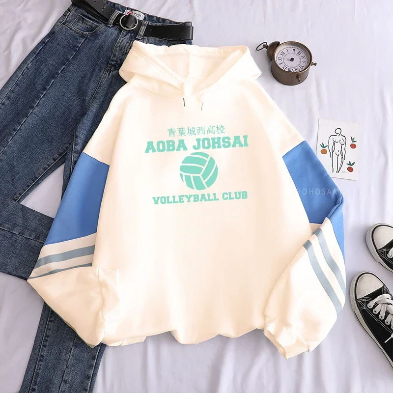 

Harajuku Cartoon Haikyuu Letter Aoba Johsai Print Patchwork Hoodies Winter Keep Warm Funny Yolleyabll Club Graphics Sweatshirts