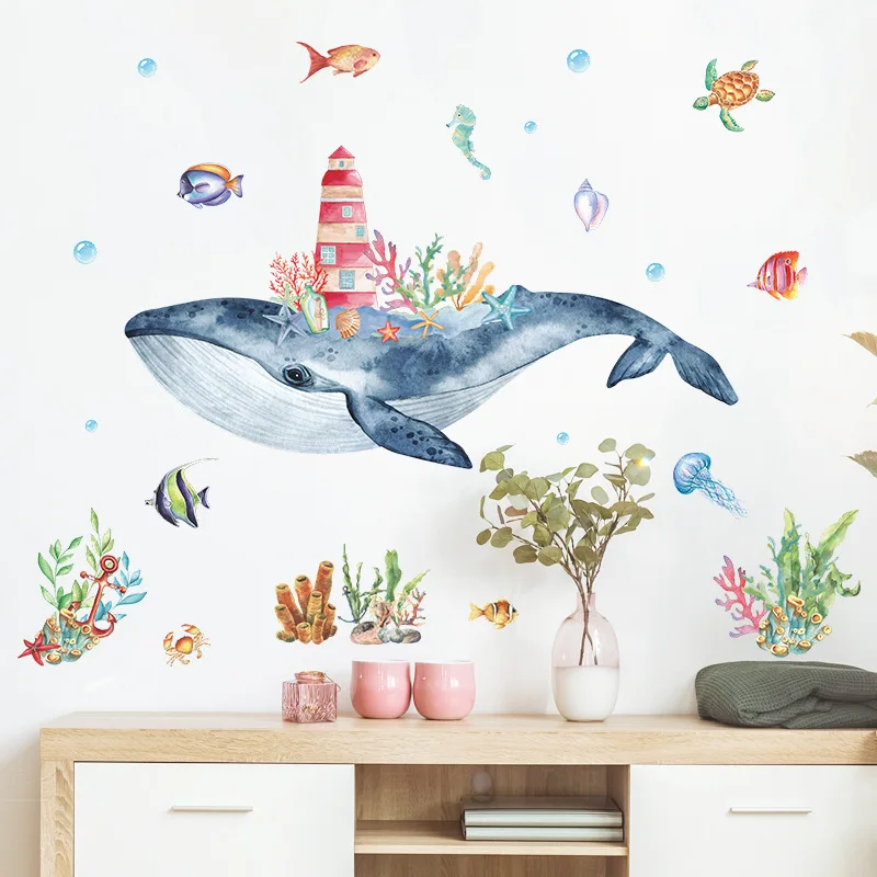 Cartoon Underwater Whale Wall Stickers For Kids Room Decoration Anime Room Decor Bedroom Accessories Wall Decor Home Decoration