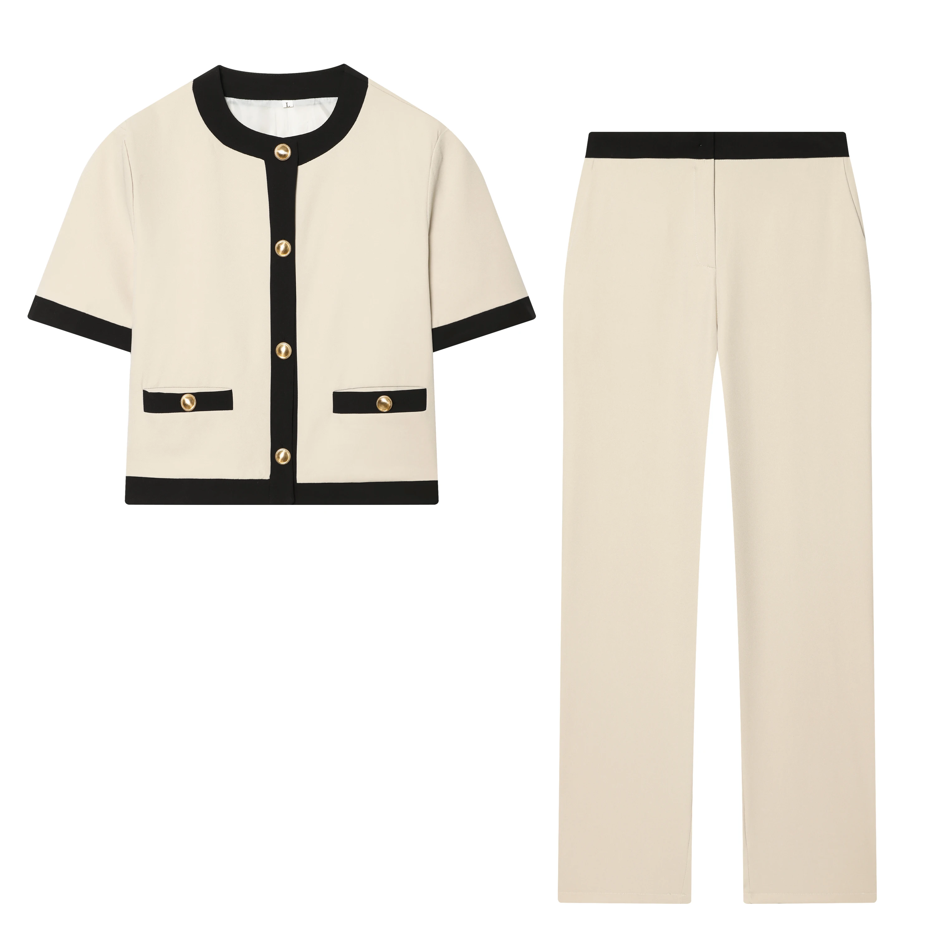 ETJ Dames Tweedelig Kostuum Set in Ivoor, met Contrastbies, Korte Mouwen Blazer, Hoge Taille Rechte Broek, Elegant Kantoorkleding