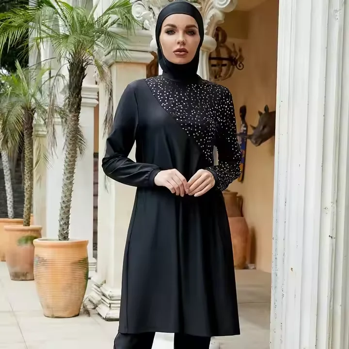 

Oem Modest Full Coverage Islamic Women Swimwear Sequins Black Muslim Women Swimsuit Long Sleeve 3pcs Islamic Swimsuit for Woman