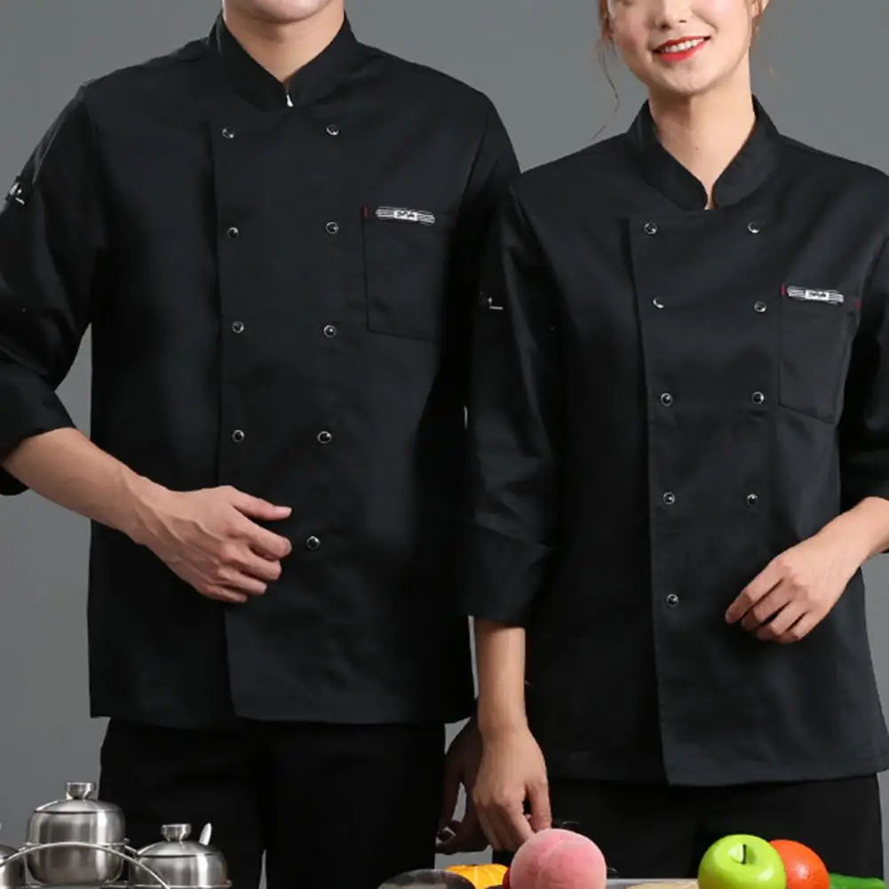 Unisex koksshirt kokskleding chef-kok top effen kleur zak lange mouw lichtgewicht double-breasted catering knoppen koksshirt
