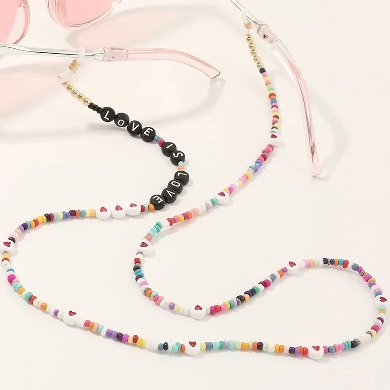 

Bohemia Color Soft Pottery Letter Sunglasses Mask Holder Lanyard Jewelry for Women Acrylic Heart Beaded Glasses Chain Neck Strap