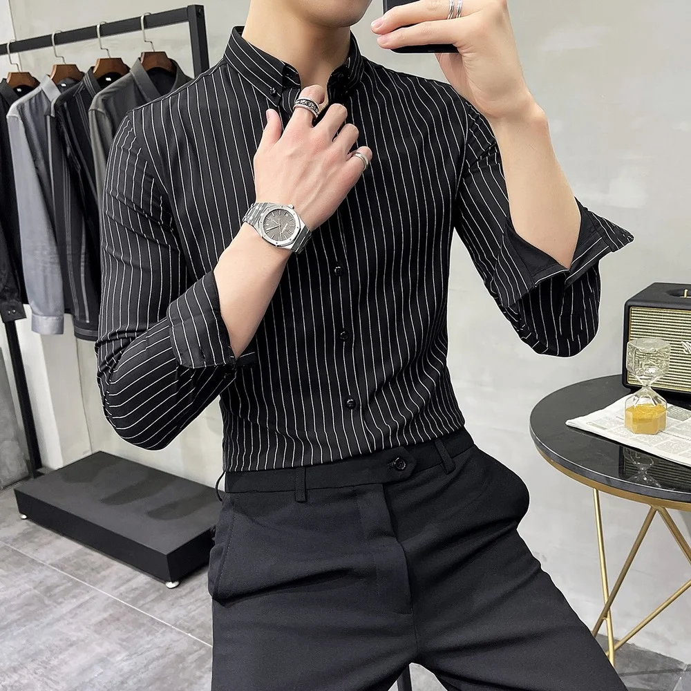 Striped Shirt Mens 2022 Spring New British Style Business Casual Long Sleeve Iron-Free Anti-Wrinkle Dress Shirt Mens Clothing