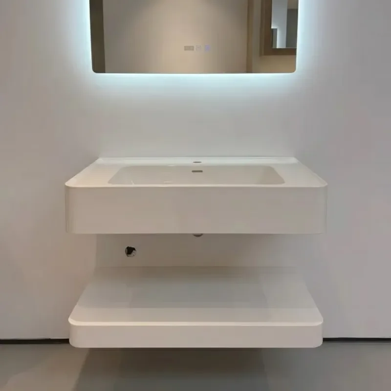 2026 New Modern Double Layer Skin Feeling Acrylic Artificial Stone Integrated Wall Mounted Wash Basin Custom for Apartment