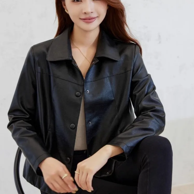 Women's Solid Color Turn-down Collar Single Breasted Cropped Faux Leather Jacket Elegant Slimming Comfort All-match Commute Coat