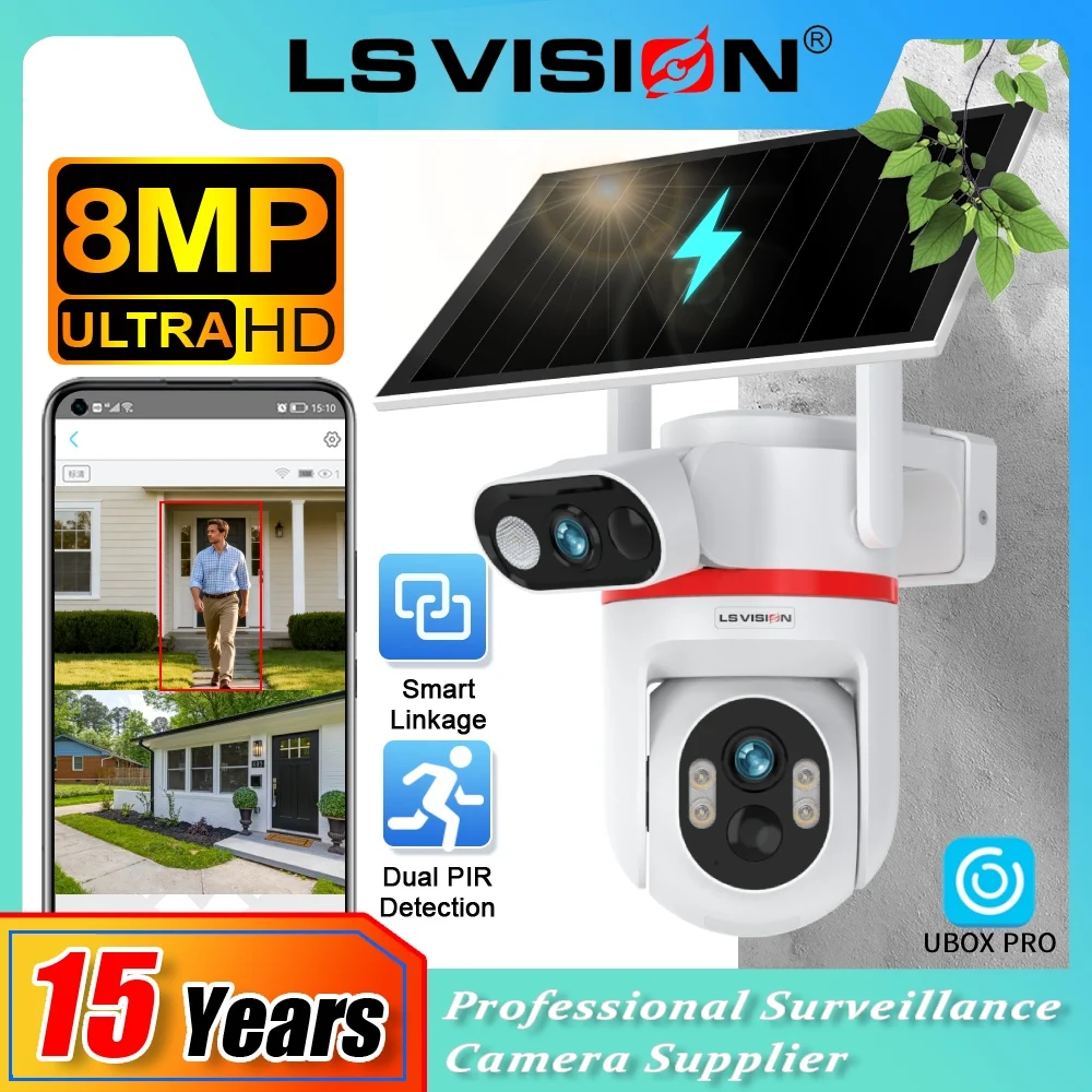 LS VISION 4G كاميرا الأمن الشمسية في الهواء الطلق شاشة مزدوجة 8MP كاميرا متحركة المزدوج PIR كشف السيارات تتبع IP كاميرا تلفزيونات الدوائر المغلقة UBOX PRO