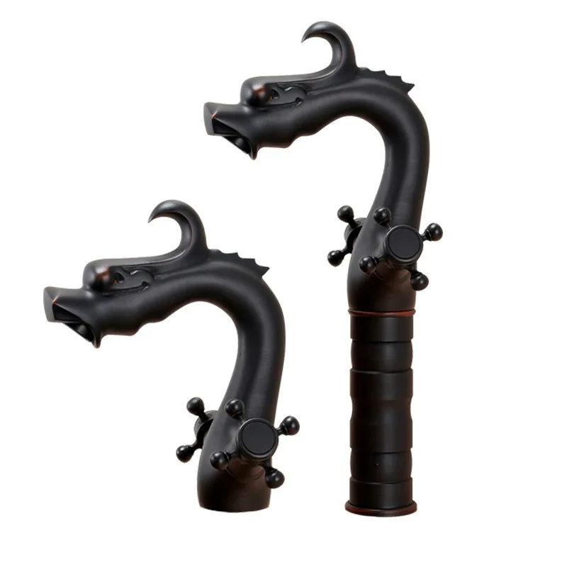 

Carved faucet Antique faucet Brass basin Black antique hot and cold faucet Double spiral handle Seated double handle