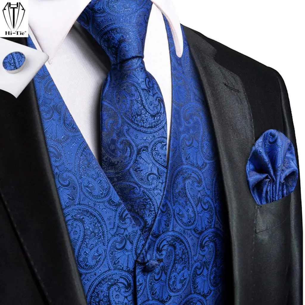 

Hi-Tie Royal Blue Floral Silk Mens Vest Tie Set Jacquard Waistcoat Sleeveless Jacket Necktie Hanky Cufflinks Wedding Business