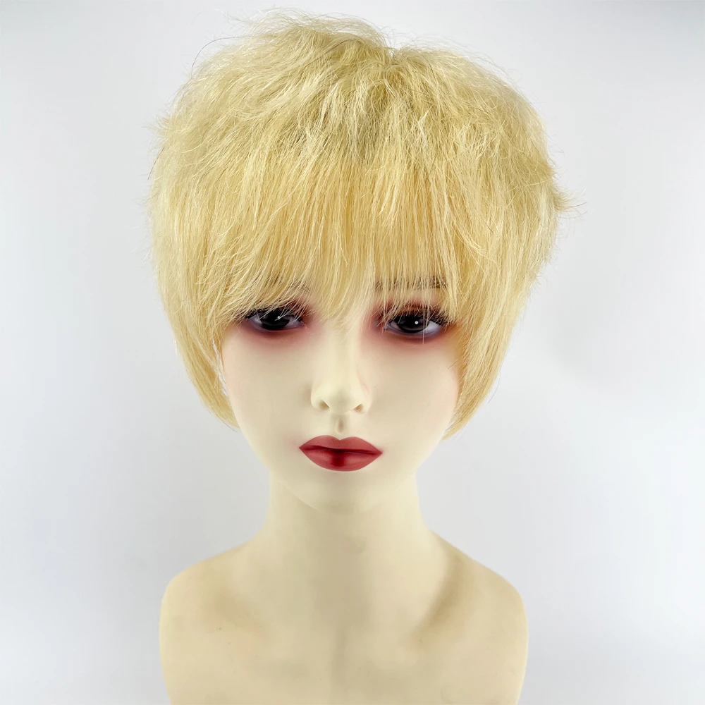 Human Hair Short Cut Wave Wigs Full Lace PU Front WIg With Bangs Silk Base Crown Body Wave Light Blonde #613 Swiss Lace