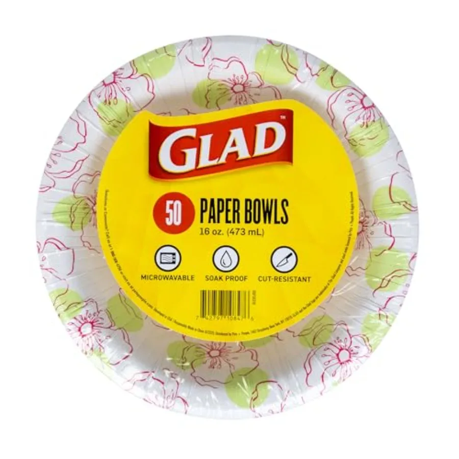Round Disposable Paper Bowls, Flower Design - Heavy Duty, Soak-Proof, Cut-Resistant, Microwavable Paper Bowls for All Foods, Da
