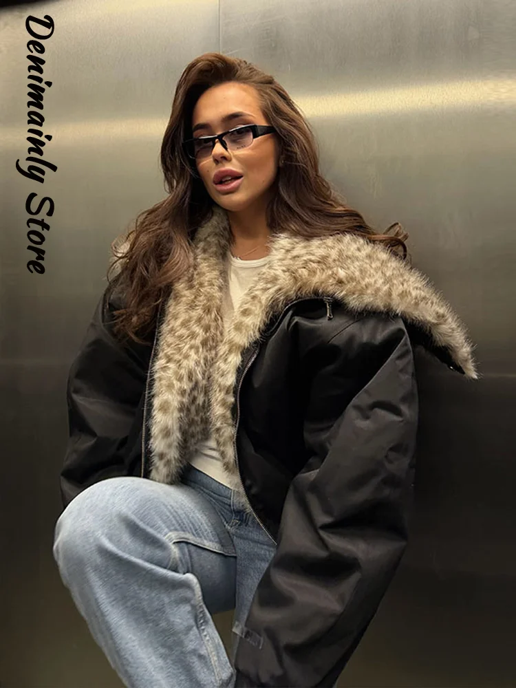 Fashion Women's Faux Fur Patchwork Cotton Padded Coat Loose Lapel Long Sleeve Zipper Cropped Coats 2026 Winter Lady Warm Jackets