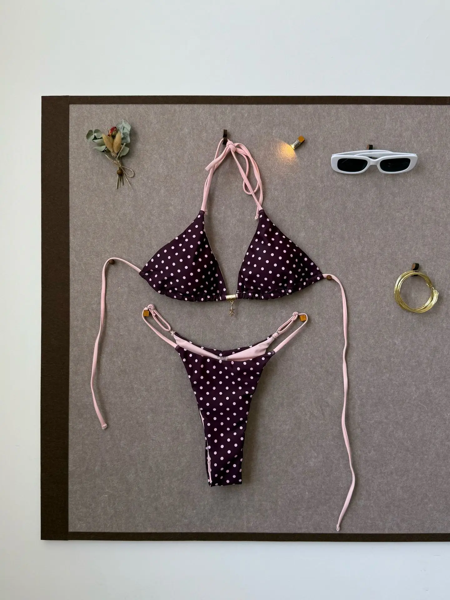 sexy polka dot print star pendant micro bikinis sets two pieces halter back tie swimsuits bathing suit swimwear biquini tankini