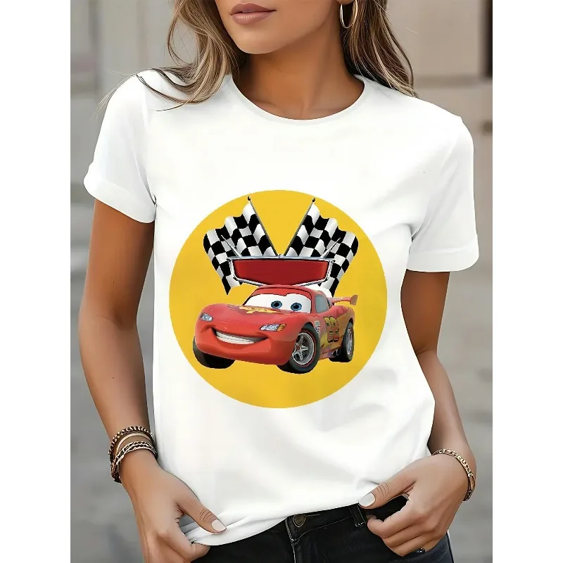 المرأة البرق ماكوين سباق تي شيرت قميص أبيض مع شبكة حمراء العلم لينة عادية أنيمي مطبوعة المرأة جولة الرقبة أعلى #1