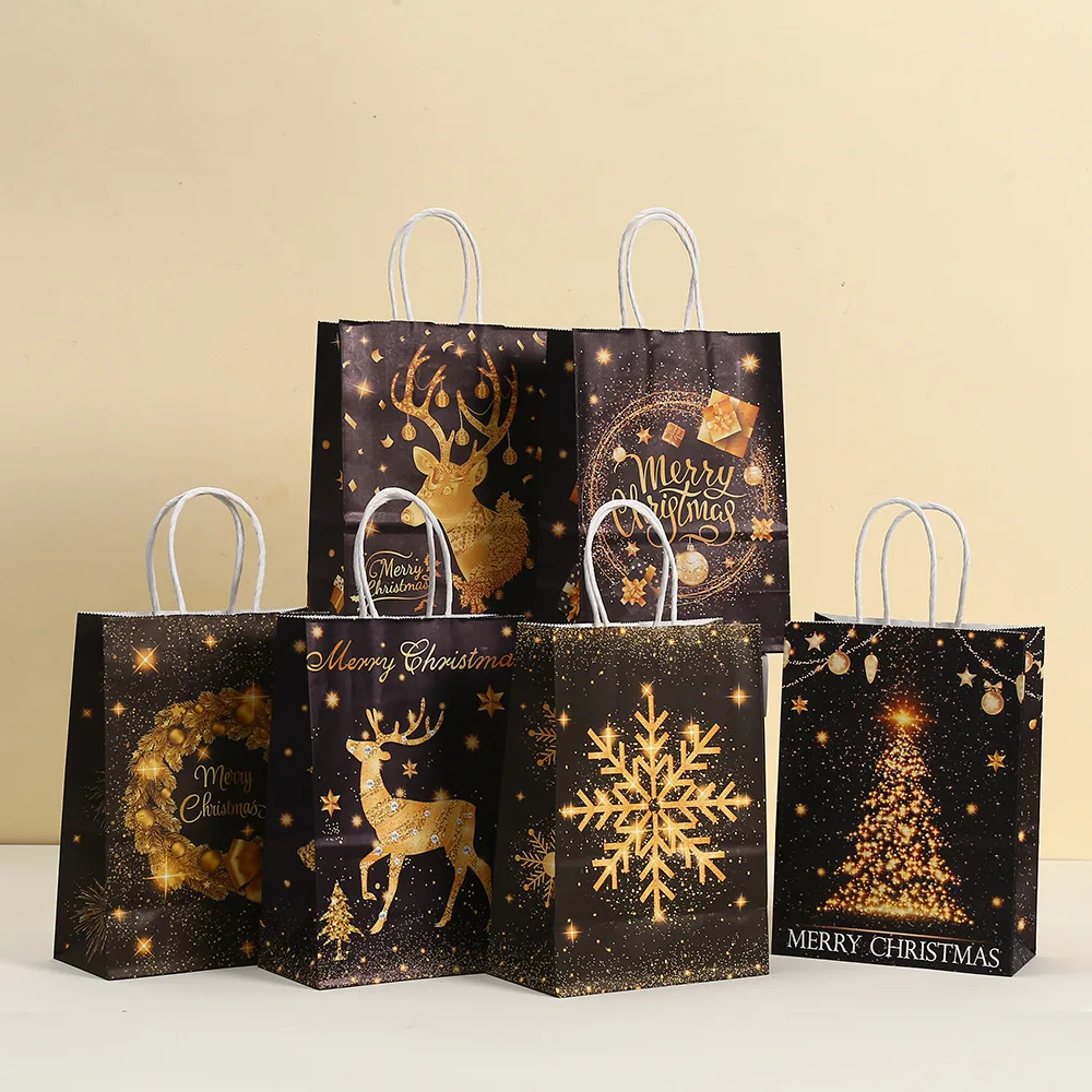 

StoBag, Glamorous Christmas Gift Tote Bags, Black Color, for party supplies, packing candy goodie toys, Reusable Paper, 12/30pcs