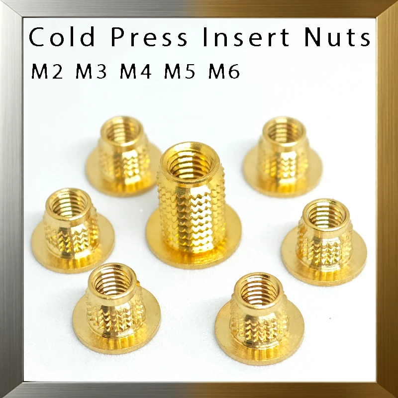 Brass Knurled Threaded Inserts Nutserts M3 M4 M5 M6 Cold Press Copper Flange Nuts Anti-Pullout for Plastic Wood Copper Fasteners