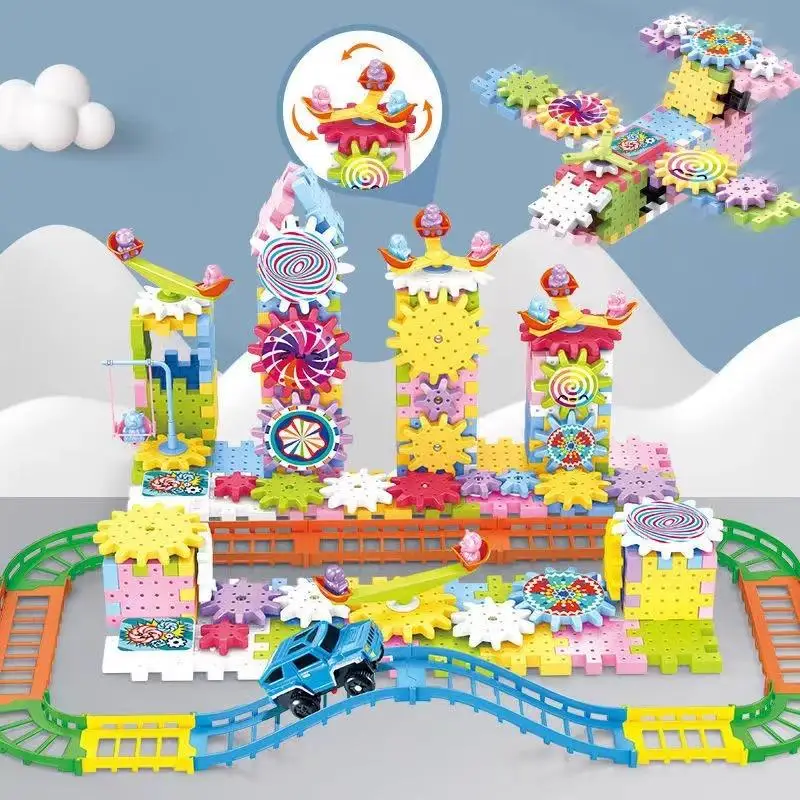 1 Set Montessori Block Bricks Toy For Children Versatile Electric Rotating Gear Building Block Toys Boys Girl Birthday Gifts