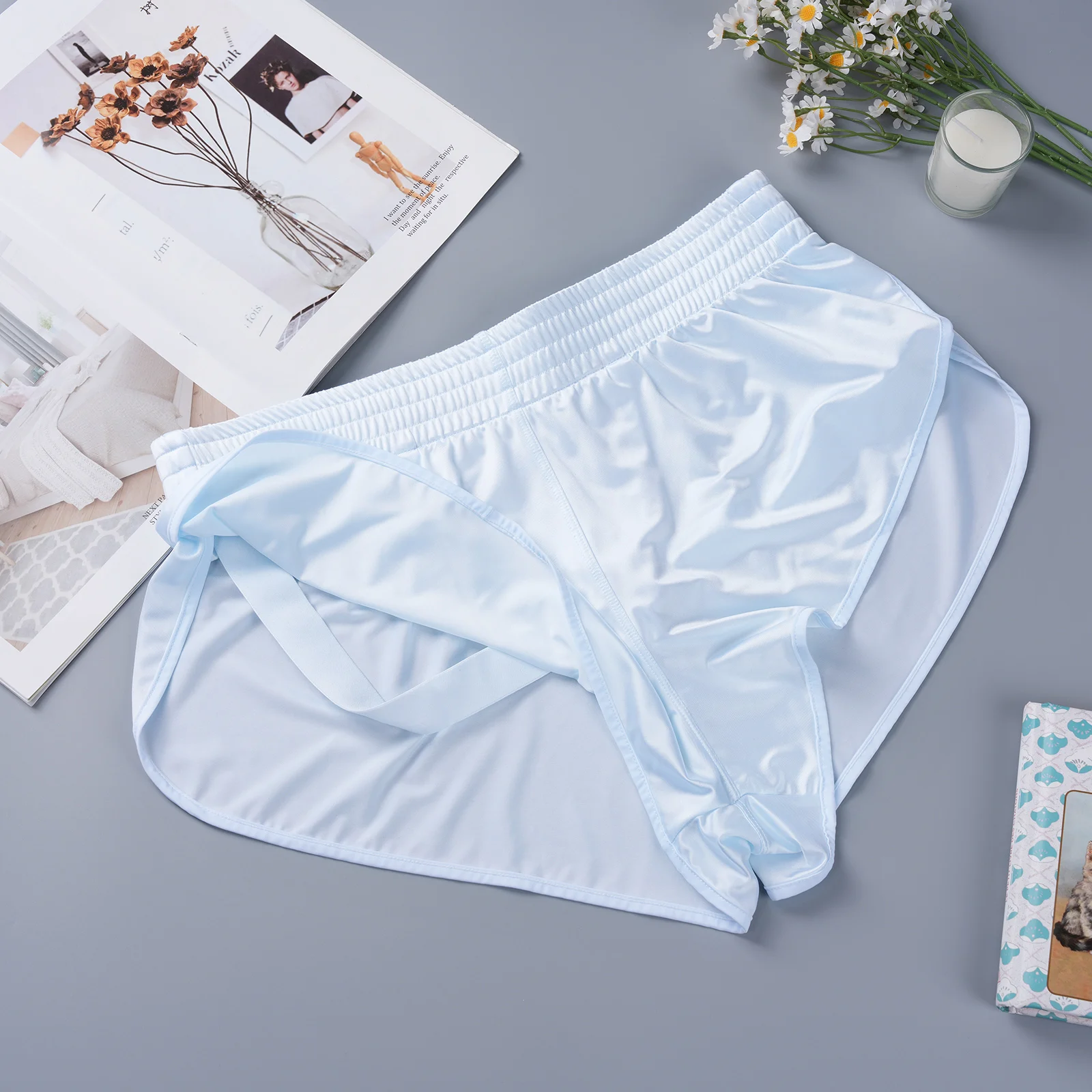 Satin-Herren-Boxershorts mit Seitenschlitz, glänzender Pfeil-Design, sexy Unterwäsche, innerer Netzbeutel, Jockstrap, Schlafhose, Homewear – Detail 8