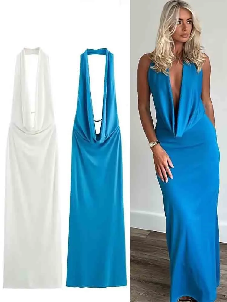 

Sexy Backless Halter Neck Slim Long Dress Women 2025 New Summer Elegant Pleated Sleeveless Midi Dresses Chic Party Evening Dress