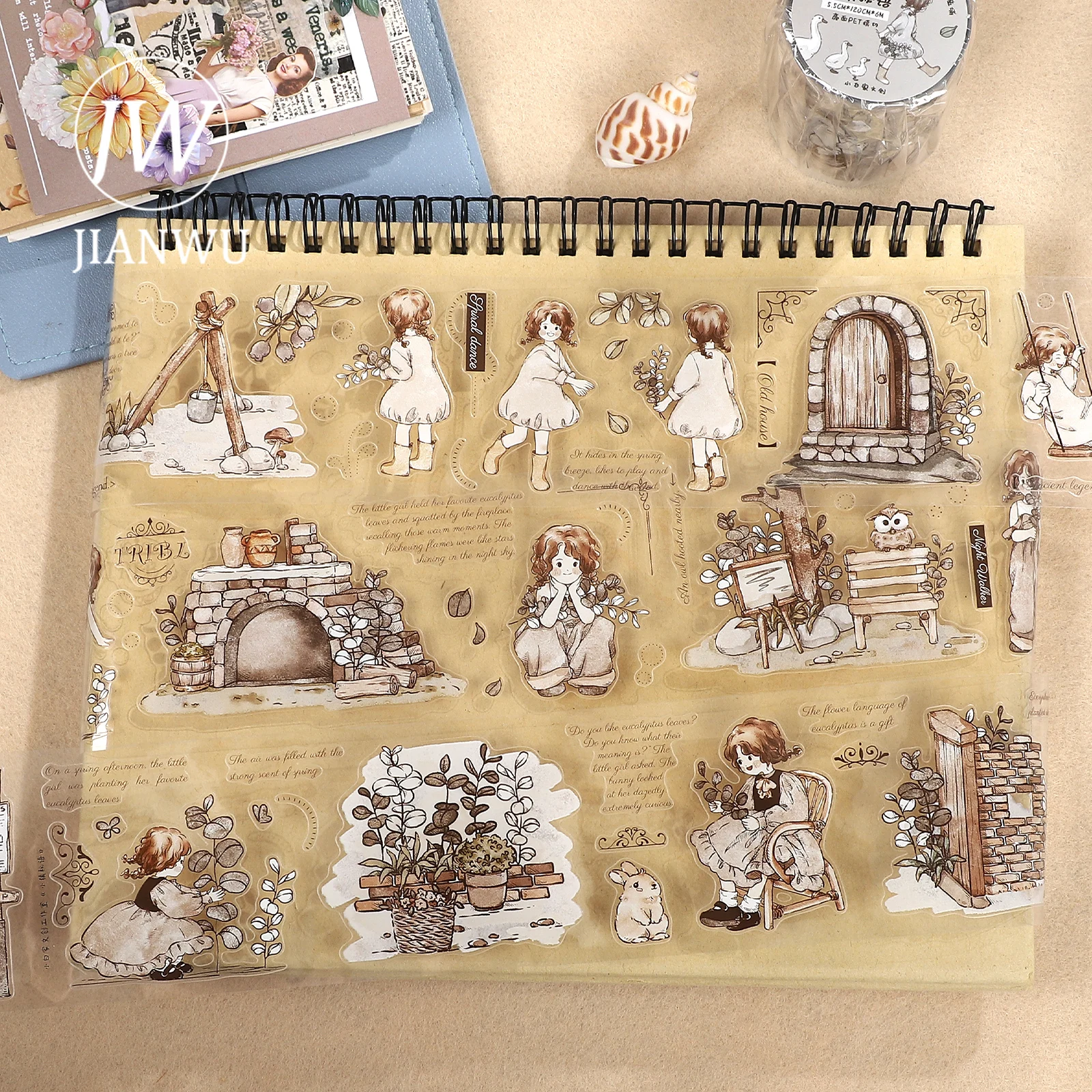 JIANWU 55mm*6m Vintage Cute Girl Town Flower Landscape Material Collage Scrapbooking PET Tape Creative DIY Journal Stationery