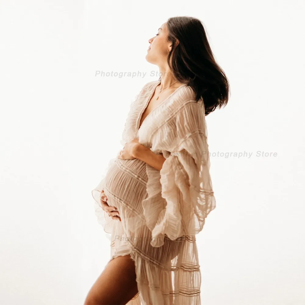 Boho Maternity Dresses For Photo Shoot Sexy V-neck Pleated Chiffon Long Sleeve Ruffle Pregnancy Dress Women\'s Photography Gowns