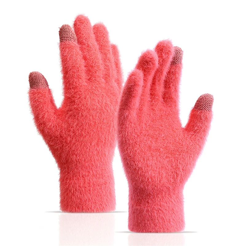 Winter Warm Plush Gloves Women Men Solid Color Imitation Mink Fur Fluffy Five Finger Touchscreen Gloves Outdoor Cycling Glove image 5