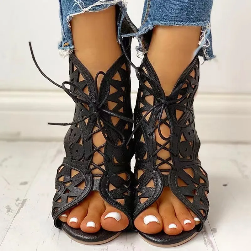 NewFashionHollow Out Women Gladiator Sandals Vintage Lace Up Low Heel Wedges Summer Shoes for Woman Open ToeZipper Women Sandals