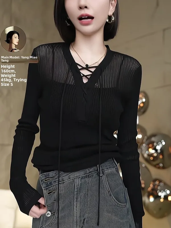 

Трикотажный топ Gtuq Design Sense с V-образным вырезом и поясом, корейский стиль, для осеннего сезона