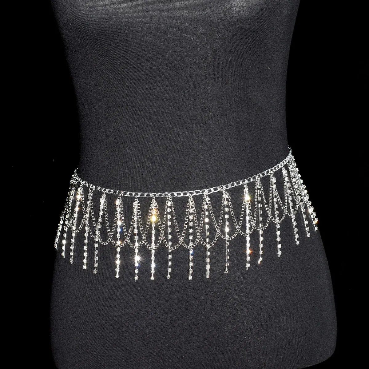 Festival  Gifts Sexy Fashion Waist Chain For Lady Shiny Rhinestone Tassel Body Jewelry Stage Performance Party Dress Metal Chain