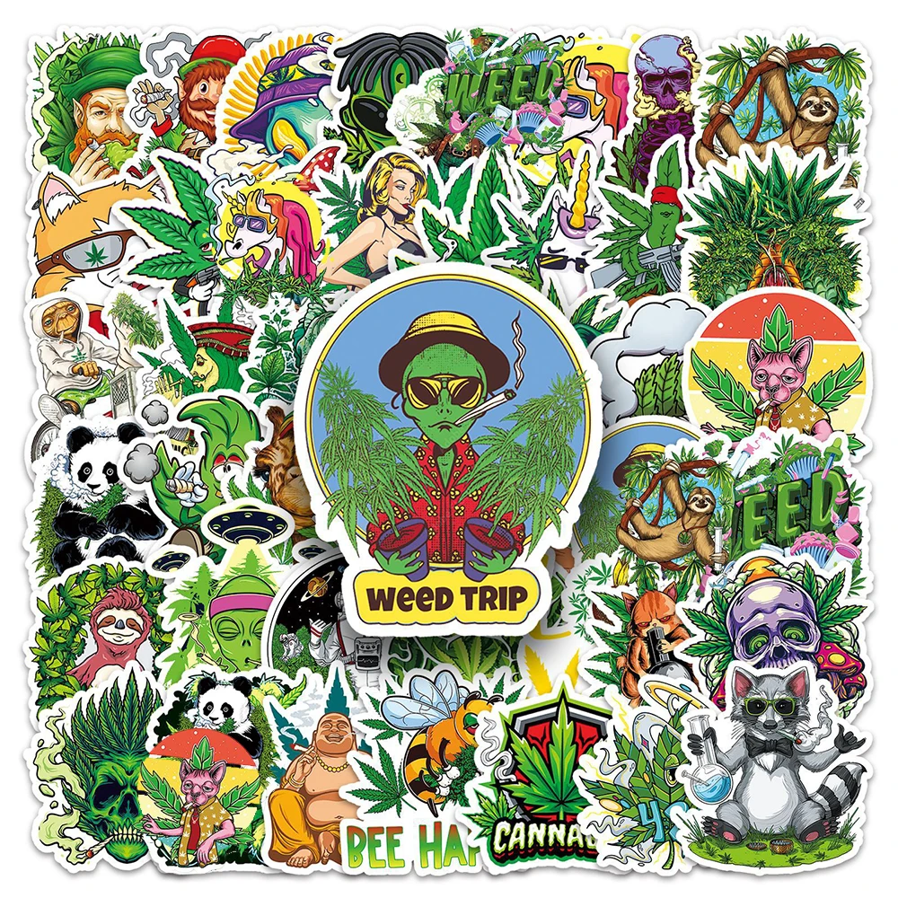 

10/30/50pcs Spoof Characters Leaves Weed Smoking Stickers for Laptop Skateboard Bike Wall Waterproof Graffiti Decals Sticker Toy