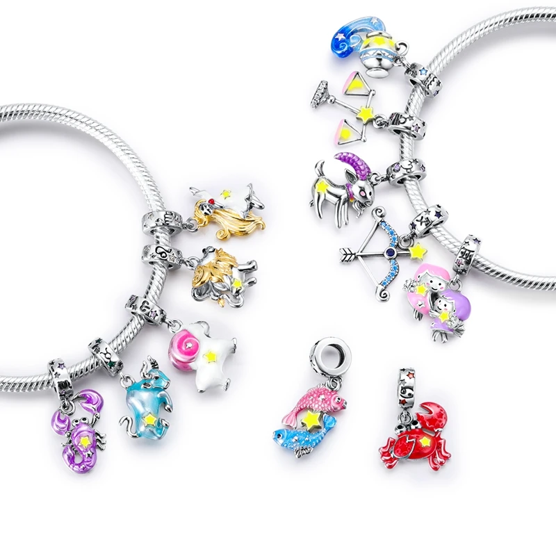 Original 925 Sterling Silver Charms Luminous Zodiac Signs Beads Pendants For Women Fit Original Bracelet Necklace DIY Gift