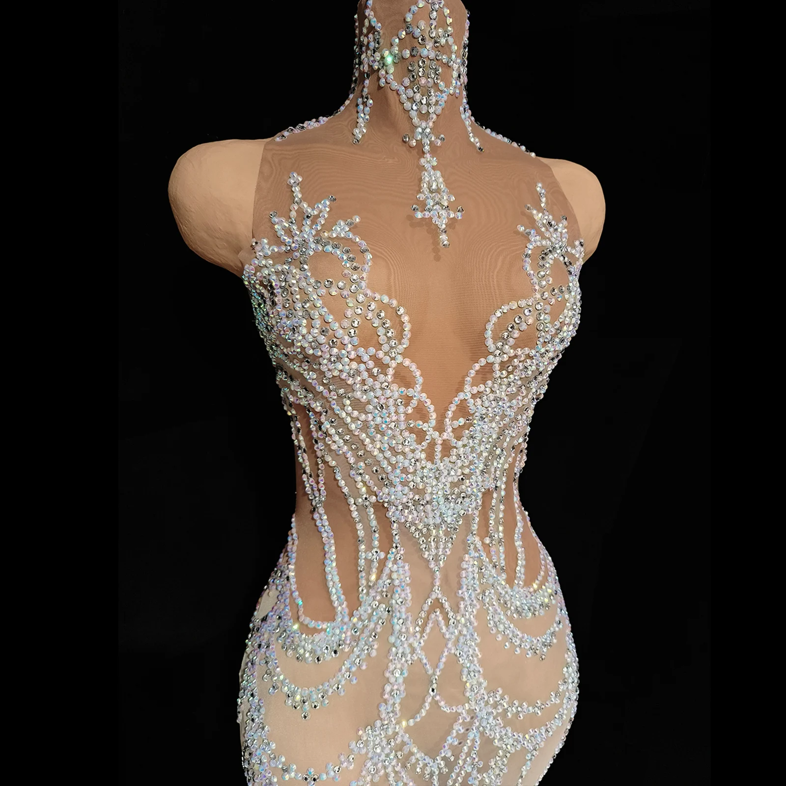 Glanzende witte strass doorzichtige lange jurk Drag Queen kleding avondfeest verjaardag zanger Gogo bal nachtclub bar vrouwelijk