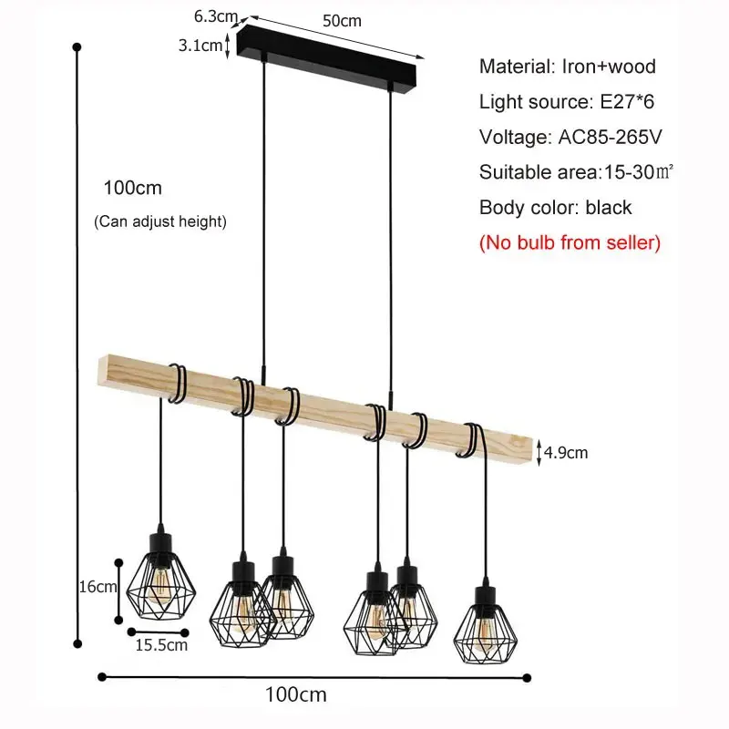 Retro Loft Chandelier Nordic Dining Room Living Room Kitchen E27 Ceiling Lamp 6 Heads Black Restaurant Bar Vintage Wood Light