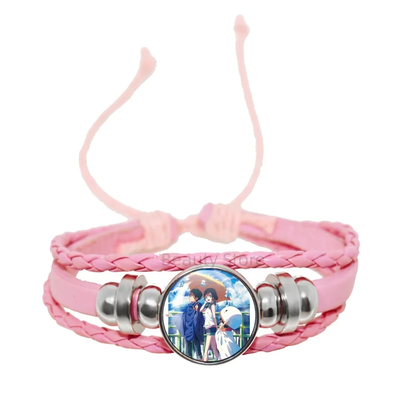 W-Weathering with you Character Hodaka and Hina 18mm Pink Leather Bracelet Glass Handmade Key Ring Gift