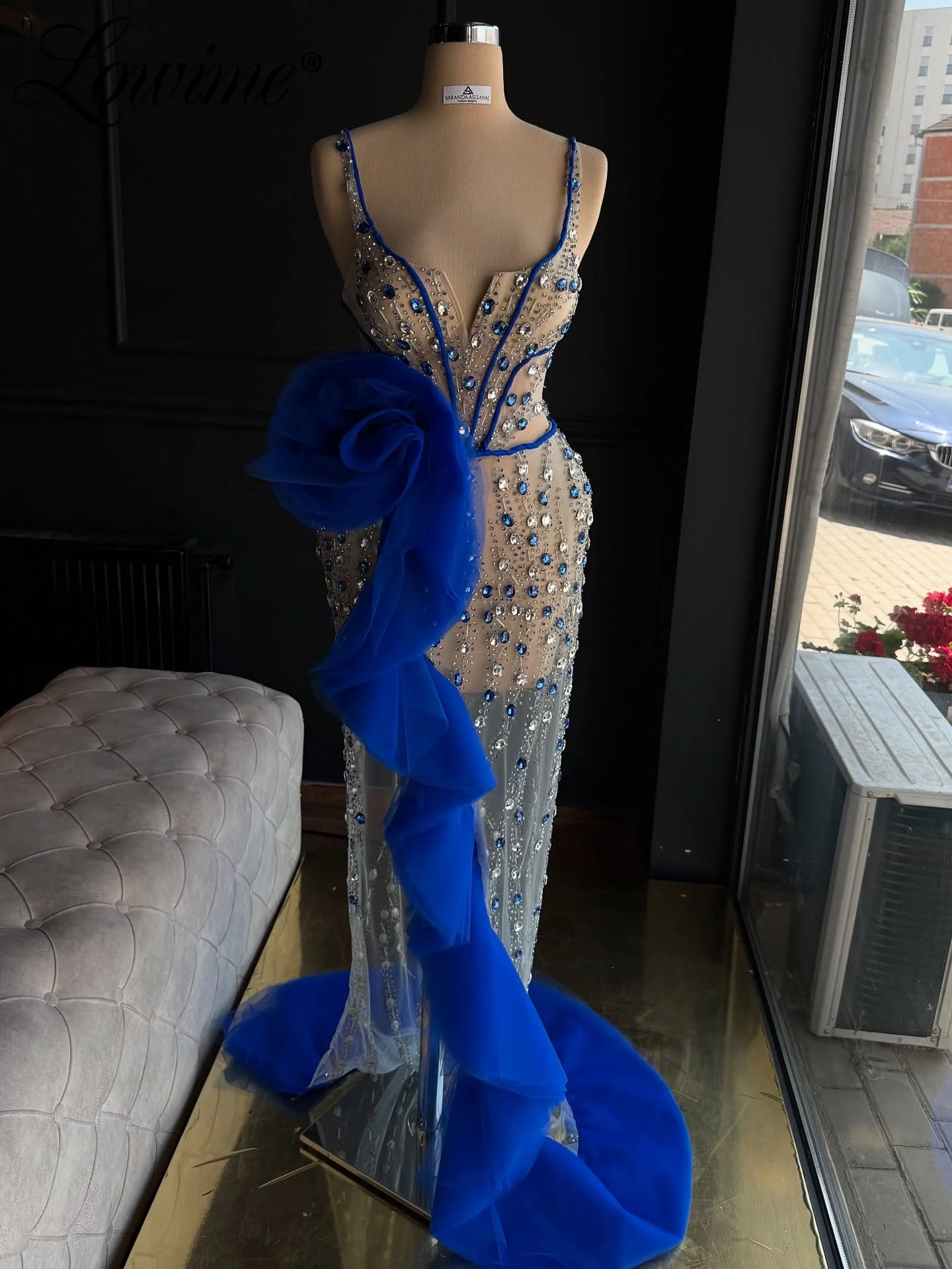 

Customized Royal Blue Evening Gown Spaghetti Straps Mermaid Birthday Engagement Party Dresses 2025 Crystals Beads Robe De Soiree