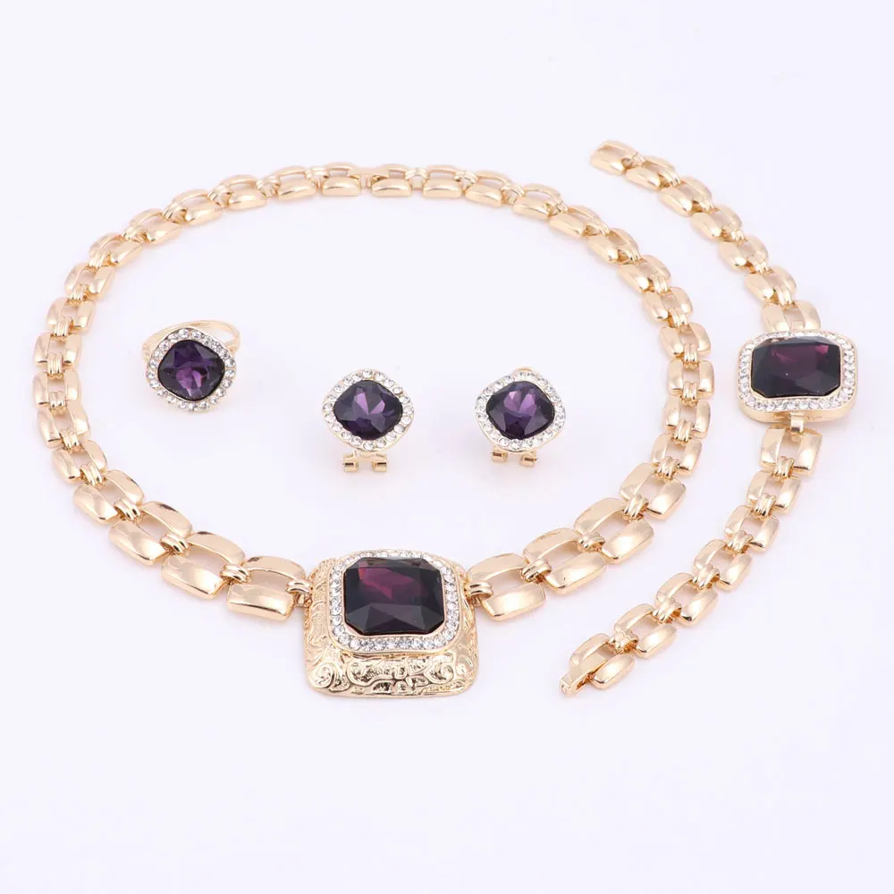 African Beads Jewelry Sets For Women Dress Accessories Gold Color Crystal Wedding Bridal Necklace Earrings Bracelet Ring Sets