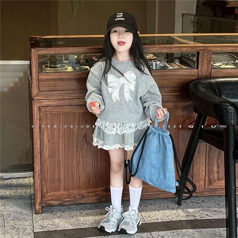 Summer Girls Sweatshirt Clothing Sets Kids Long Sleeve Top+Skirs 2Pcs Suit Fashion Lace Drawstring Outfits Children Clothes 2-8Y